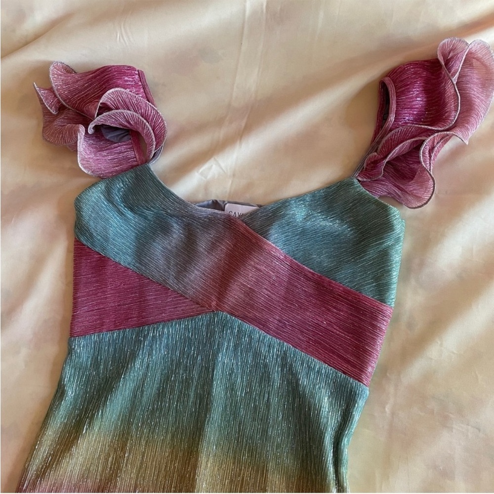 Saylor x Revolve- Myrah Rainbow Dress with Ruffle Sleeves Slit Thigh Size Medium - Picture 4 of 5